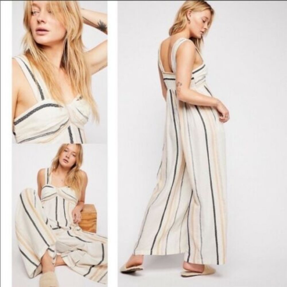 Free People Breezin Through Striped Jumpsuit XS
